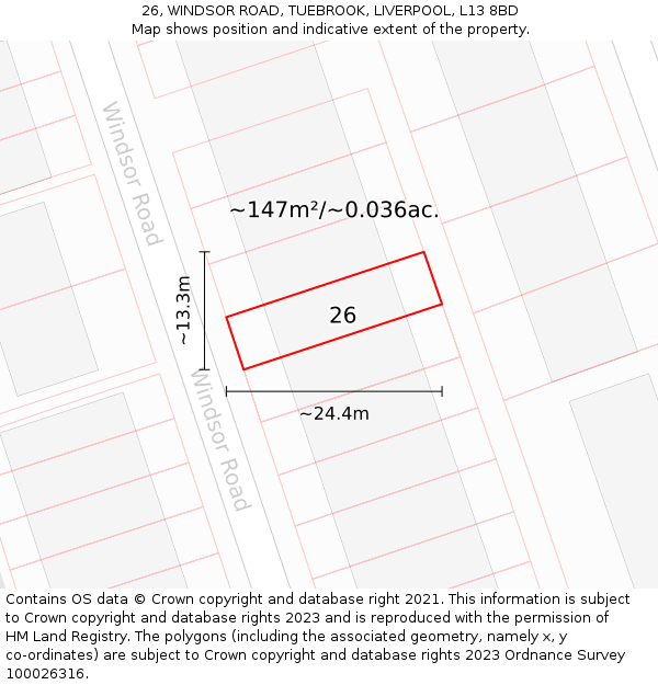 26, WINDSOR ROAD, TUEBROOK, LIVERPOOL, L13 8BD: Plot and title map