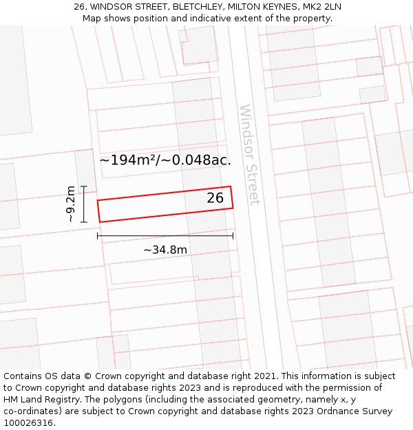 26, WINDSOR STREET, BLETCHLEY, MILTON KEYNES, MK2 2LN: Plot and title map
