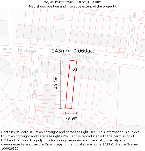 26, WINGATE ROAD, LUTON, LU4 8PX: Plot and title map