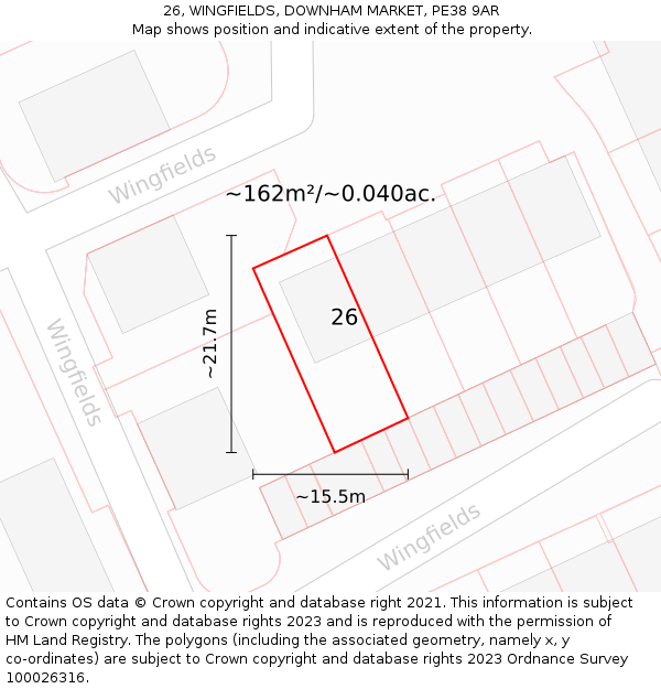 26, WINGFIELDS, DOWNHAM MARKET, PE38 9AR: Plot and title map