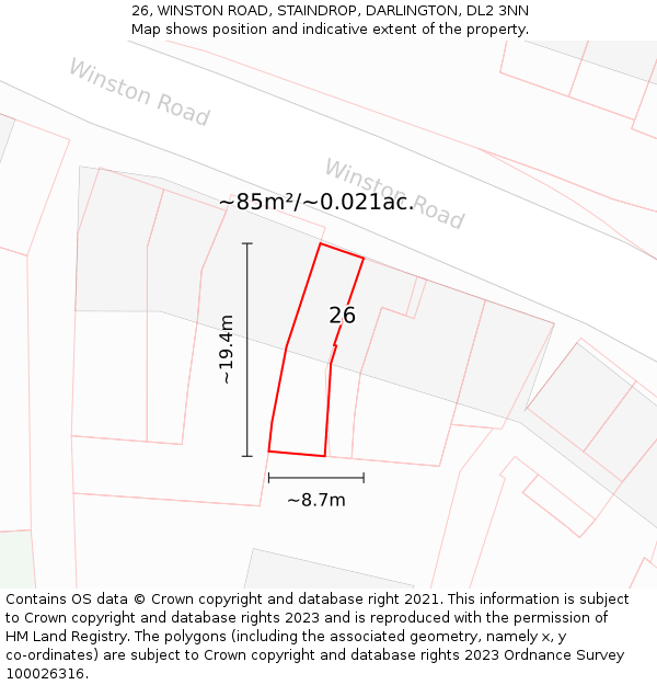26, WINSTON ROAD, STAINDROP, DARLINGTON, DL2 3NN: Plot and title map