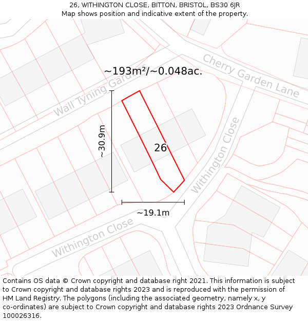 26, WITHINGTON CLOSE, BITTON, BRISTOL, BS30 6JR: Plot and title map