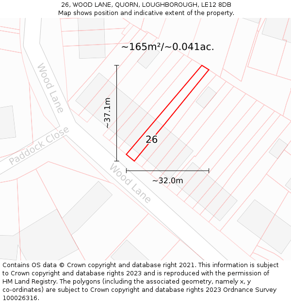 26, WOOD LANE, QUORN, LOUGHBOROUGH, LE12 8DB: Plot and title map