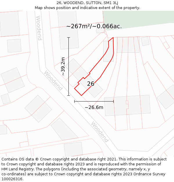 26, WOODEND, SUTTON, SM1 3LJ: Plot and title map