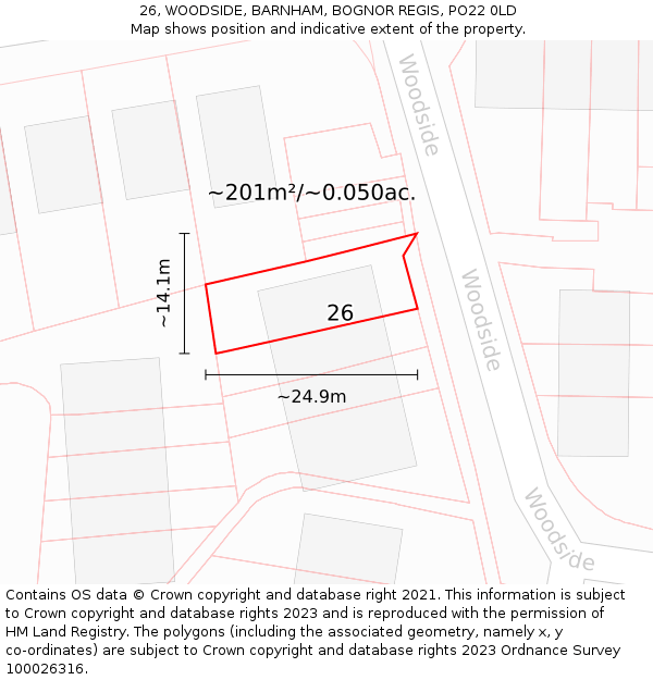 26, WOODSIDE, BARNHAM, BOGNOR REGIS, PO22 0LD: Plot and title map