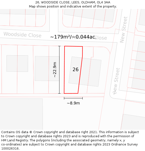 26, WOODSIDE CLOSE, LEES, OLDHAM, OL4 3AA: Plot and title map