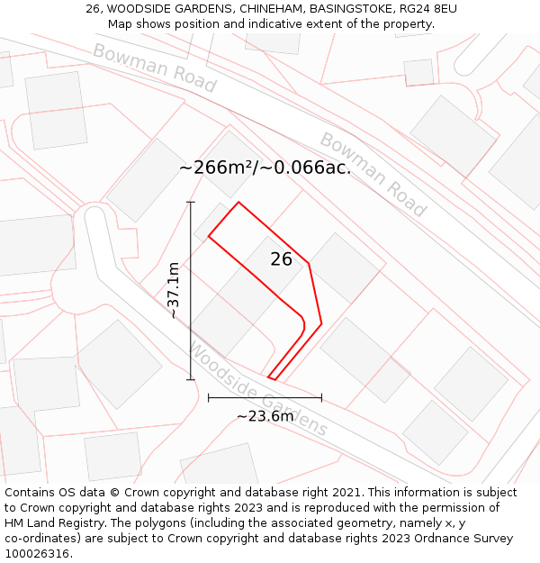 26, WOODSIDE GARDENS, CHINEHAM, BASINGSTOKE, RG24 8EU: Plot and title map