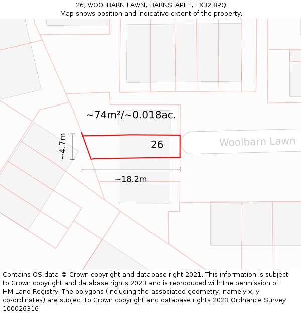 26, WOOLBARN LAWN, BARNSTAPLE, EX32 8PQ: Plot and title map