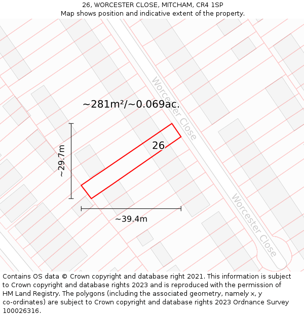 26, WORCESTER CLOSE, MITCHAM, CR4 1SP: Plot and title map