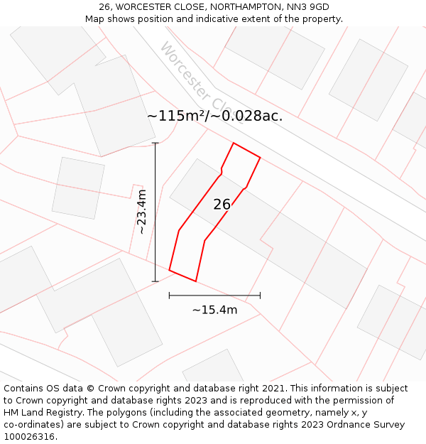 26, WORCESTER CLOSE, NORTHAMPTON, NN3 9GD: Plot and title map