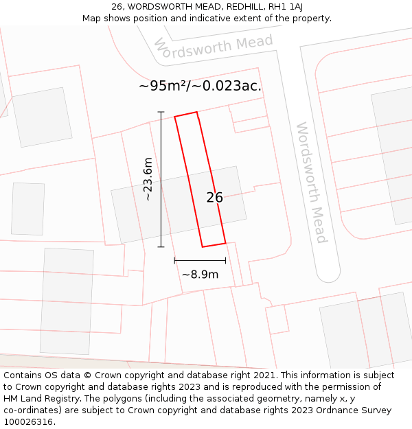 26, WORDSWORTH MEAD, REDHILL, RH1 1AJ: Plot and title map