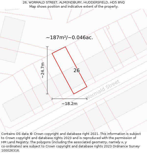 26, WORMALD STREET, ALMONDBURY, HUDDERSFIELD, HD5 8NQ: Plot and title map