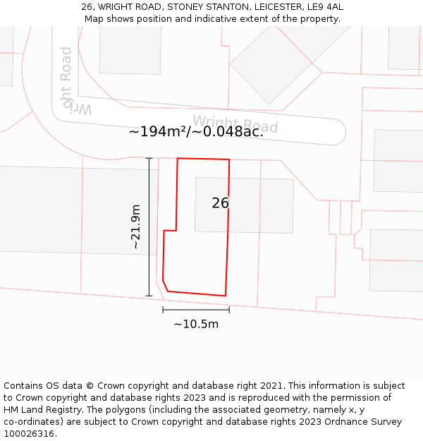 26, WRIGHT ROAD, STONEY STANTON, LEICESTER, LE9 4AL: Plot and title map