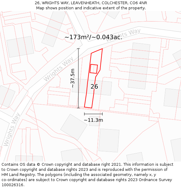 26, WRIGHTS WAY, LEAVENHEATH, COLCHESTER, CO6 4NR: Plot and title map