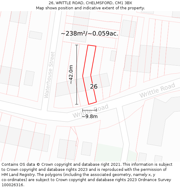 26, WRITTLE ROAD, CHELMSFORD, CM1 3BX: Plot and title map
