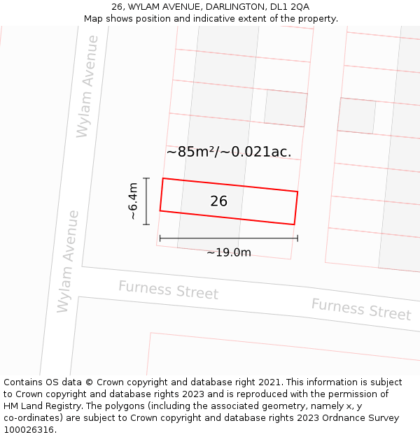 26, WYLAM AVENUE, DARLINGTON, DL1 2QA: Plot and title map