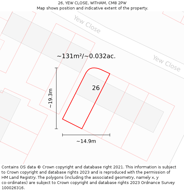26, YEW CLOSE, WITHAM, CM8 2PW: Plot and title map