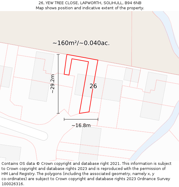 26, YEW TREE CLOSE, LAPWORTH, SOLIHULL, B94 6NB: Plot and title map
