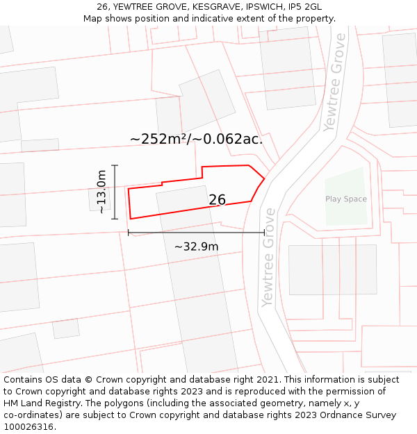 26, YEWTREE GROVE, KESGRAVE, IPSWICH, IP5 2GL: Plot and title map