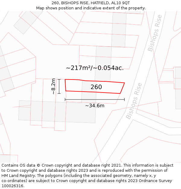 260, BISHOPS RISE, HATFIELD, AL10 9QT: Plot and title map