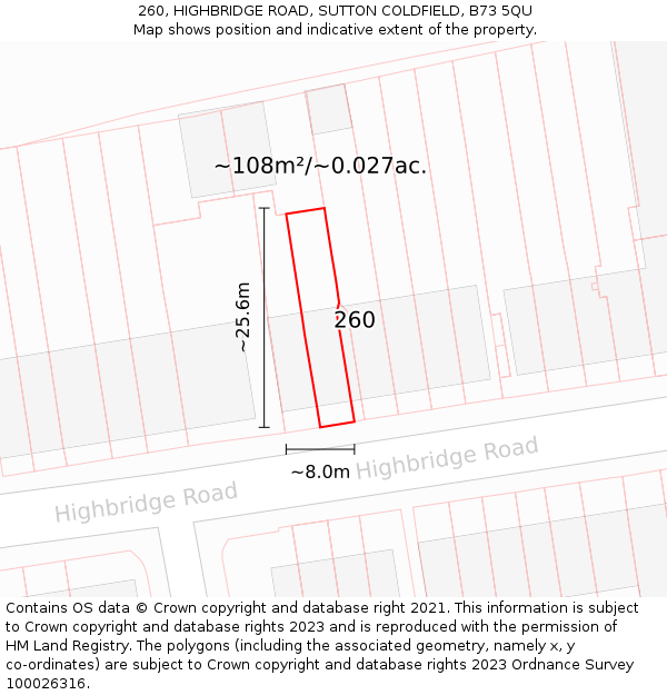 260, HIGHBRIDGE ROAD, SUTTON COLDFIELD, B73 5QU: Plot and title map