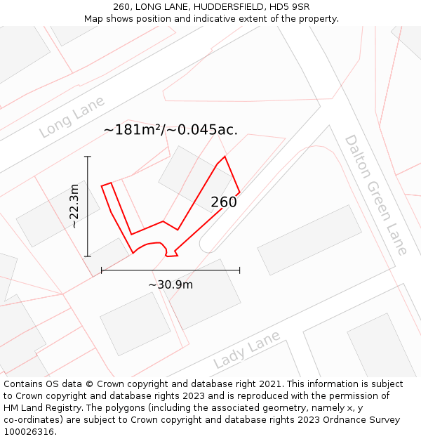 260, LONG LANE, HUDDERSFIELD, HD5 9SR: Plot and title map