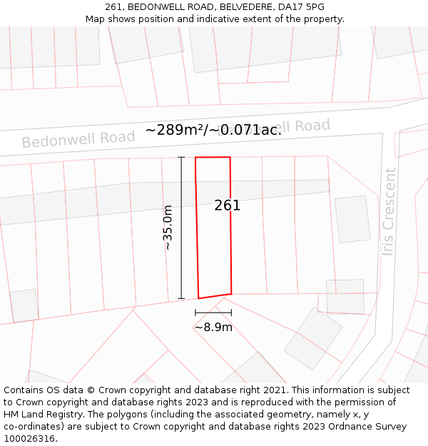 261, BEDONWELL ROAD, BELVEDERE, DA17 5PG: Plot and title map