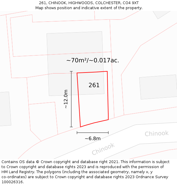 261, CHINOOK, HIGHWOODS, COLCHESTER, CO4 9XT: Plot and title map