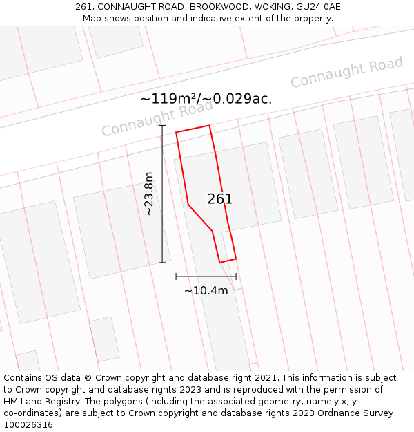261, CONNAUGHT ROAD, BROOKWOOD, WOKING, GU24 0AE: Plot and title map