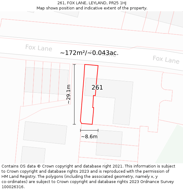 261, FOX LANE, LEYLAND, PR25 1HJ: Plot and title map