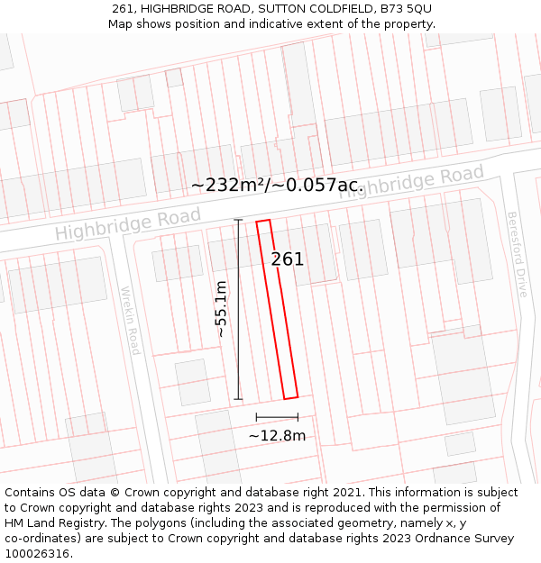 261, HIGHBRIDGE ROAD, SUTTON COLDFIELD, B73 5QU: Plot and title map