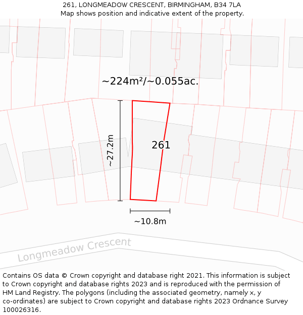 261, LONGMEADOW CRESCENT, BIRMINGHAM, B34 7LA: Plot and title map