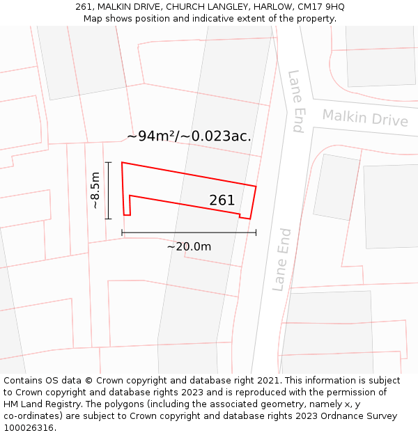 261, MALKIN DRIVE, CHURCH LANGLEY, HARLOW, CM17 9HQ: Plot and title map