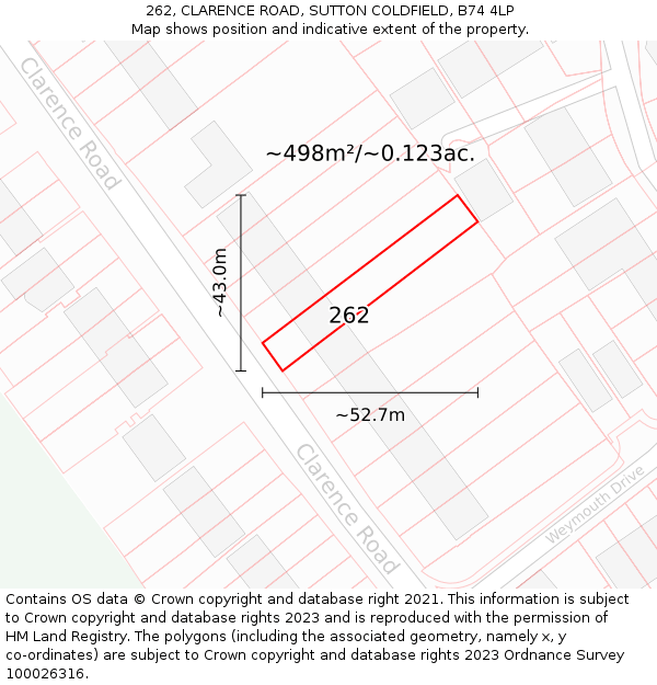 262, CLARENCE ROAD, SUTTON COLDFIELD, B74 4LP: Plot and title map