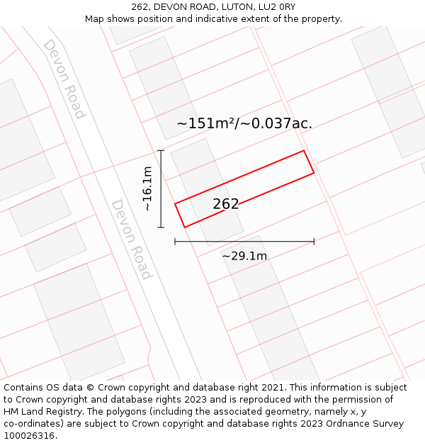 262, DEVON ROAD, LUTON, LU2 0RY: Plot and title map