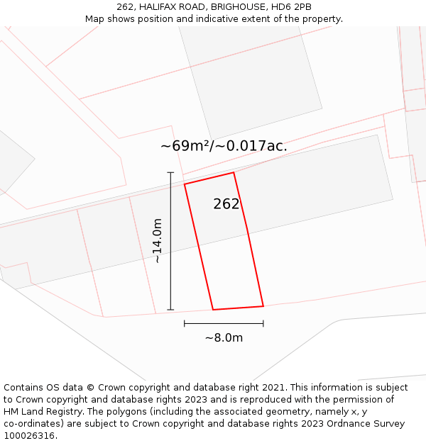 262, HALIFAX ROAD, BRIGHOUSE, HD6 2PB: Plot and title map