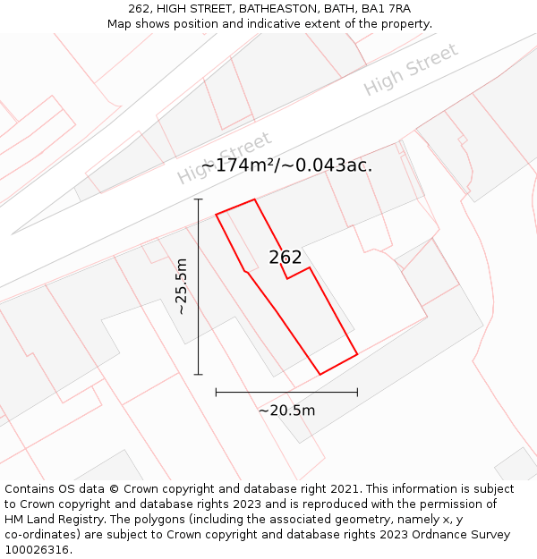 262, HIGH STREET, BATHEASTON, BATH, BA1 7RA: Plot and title map