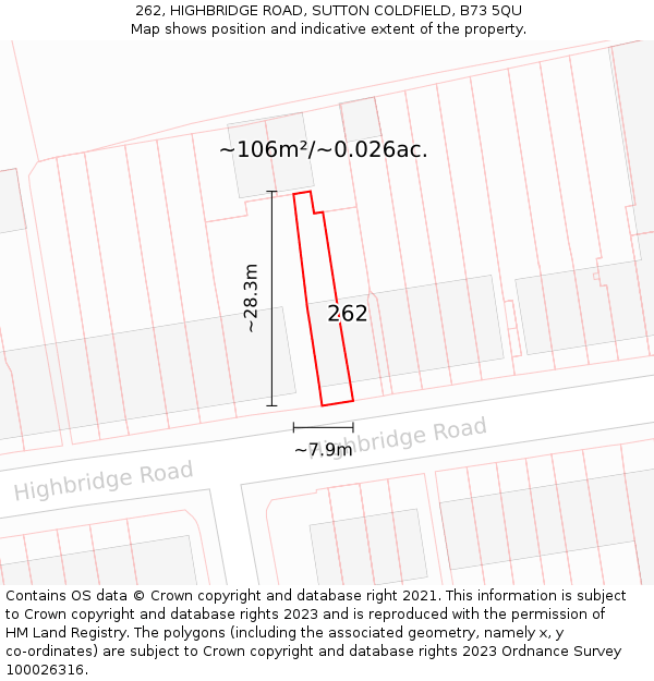 262, HIGHBRIDGE ROAD, SUTTON COLDFIELD, B73 5QU: Plot and title map