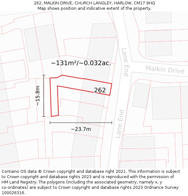 262, MALKIN DRIVE, CHURCH LANGLEY, HARLOW, CM17 9HQ: Plot and title map