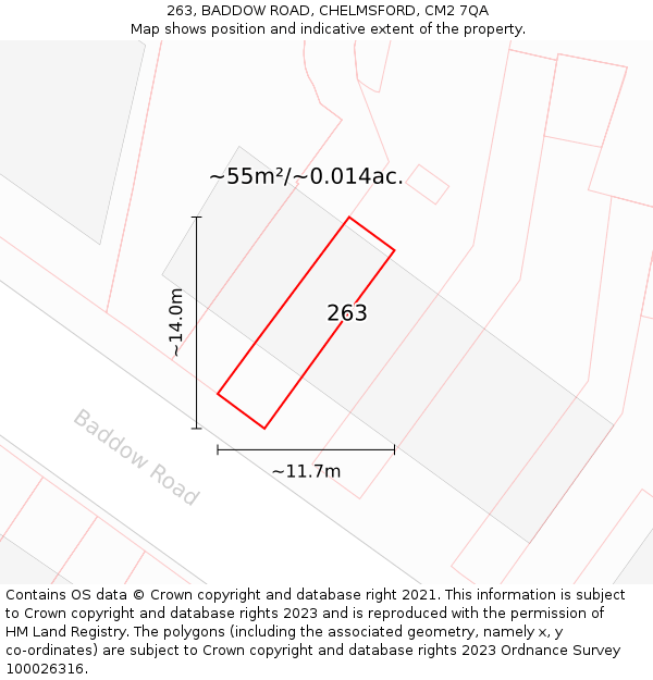 263, BADDOW ROAD, CHELMSFORD, CM2 7QA: Plot and title map