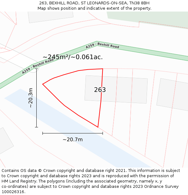 263, BEXHILL ROAD, ST LEONARDS-ON-SEA, TN38 8BH: Plot and title map