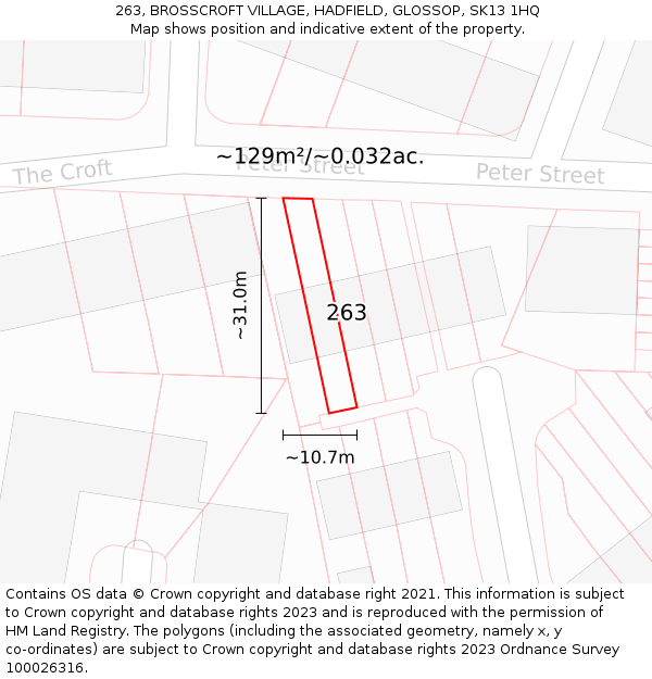 263, BROSSCROFT VILLAGE, HADFIELD, GLOSSOP, SK13 1HQ: Plot and title map