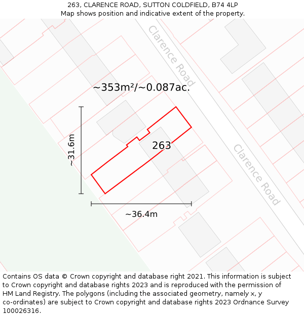 263, CLARENCE ROAD, SUTTON COLDFIELD, B74 4LP: Plot and title map