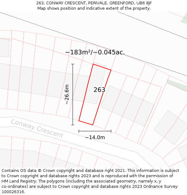 263, CONWAY CRESCENT, PERIVALE, GREENFORD, UB6 8JF: Plot and title map