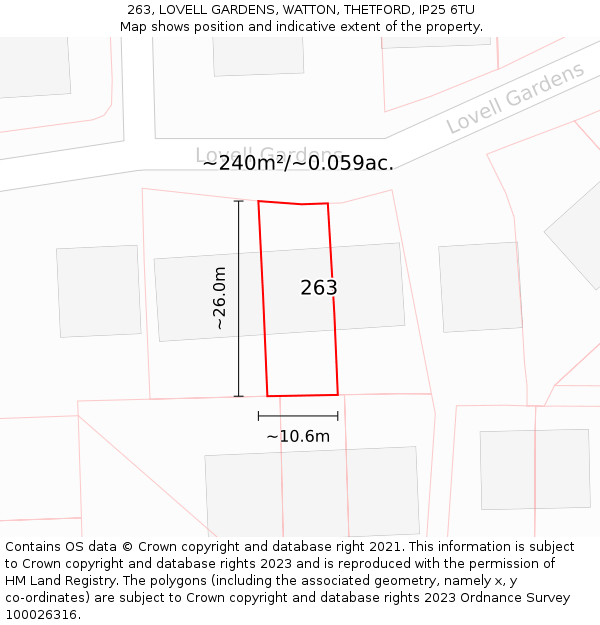 263, LOVELL GARDENS, WATTON, THETFORD, IP25 6TU: Plot and title map