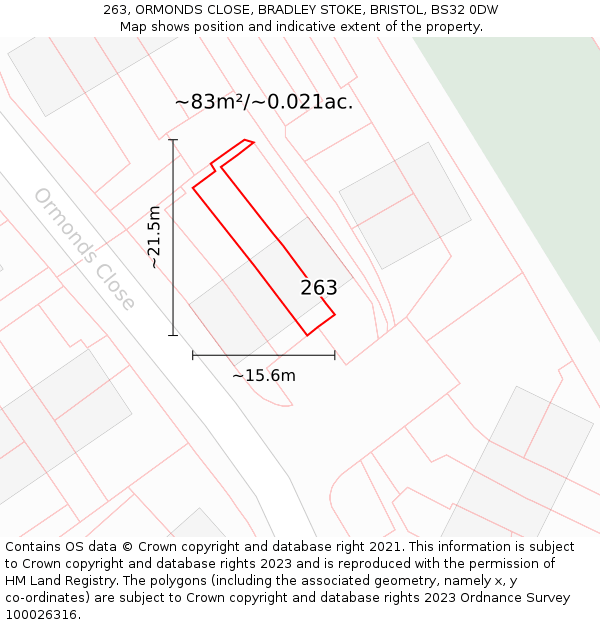263, ORMONDS CLOSE, BRADLEY STOKE, BRISTOL, BS32 0DW: Plot and title map