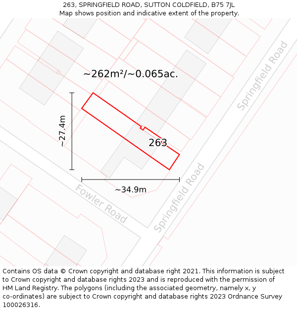 263, SPRINGFIELD ROAD, SUTTON COLDFIELD, B75 7JL: Plot and title map