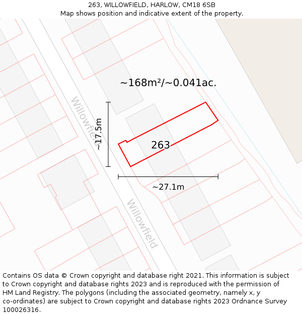 263, WILLOWFIELD, HARLOW, CM18 6SB: Plot and title map