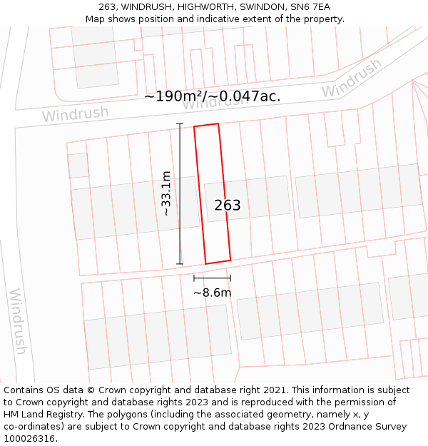 263, WINDRUSH, HIGHWORTH, SWINDON, SN6 7EA: Plot and title map