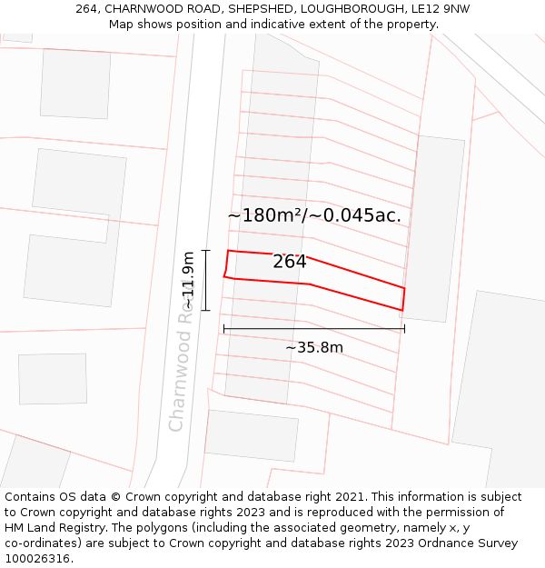 264, CHARNWOOD ROAD, SHEPSHED, LOUGHBOROUGH, LE12 9NW: Plot and title map
